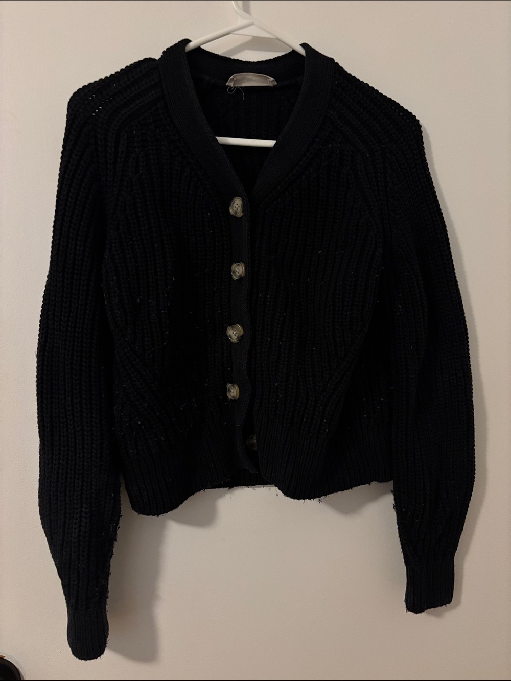 Everlane Black Ribbed V-Neck Cardigan with Buttons